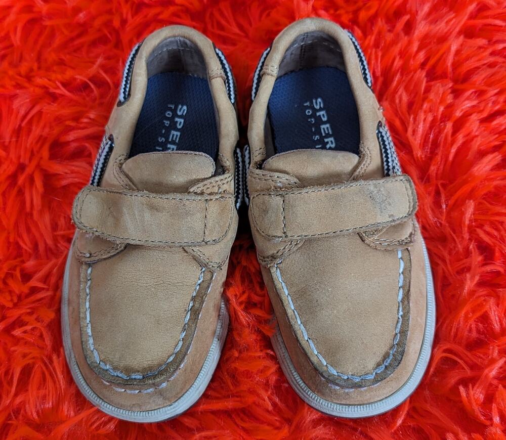 Sperry Top Sider Kids Tan Brown Leather Velcro Loafers Boat Shoes Toddler 8M